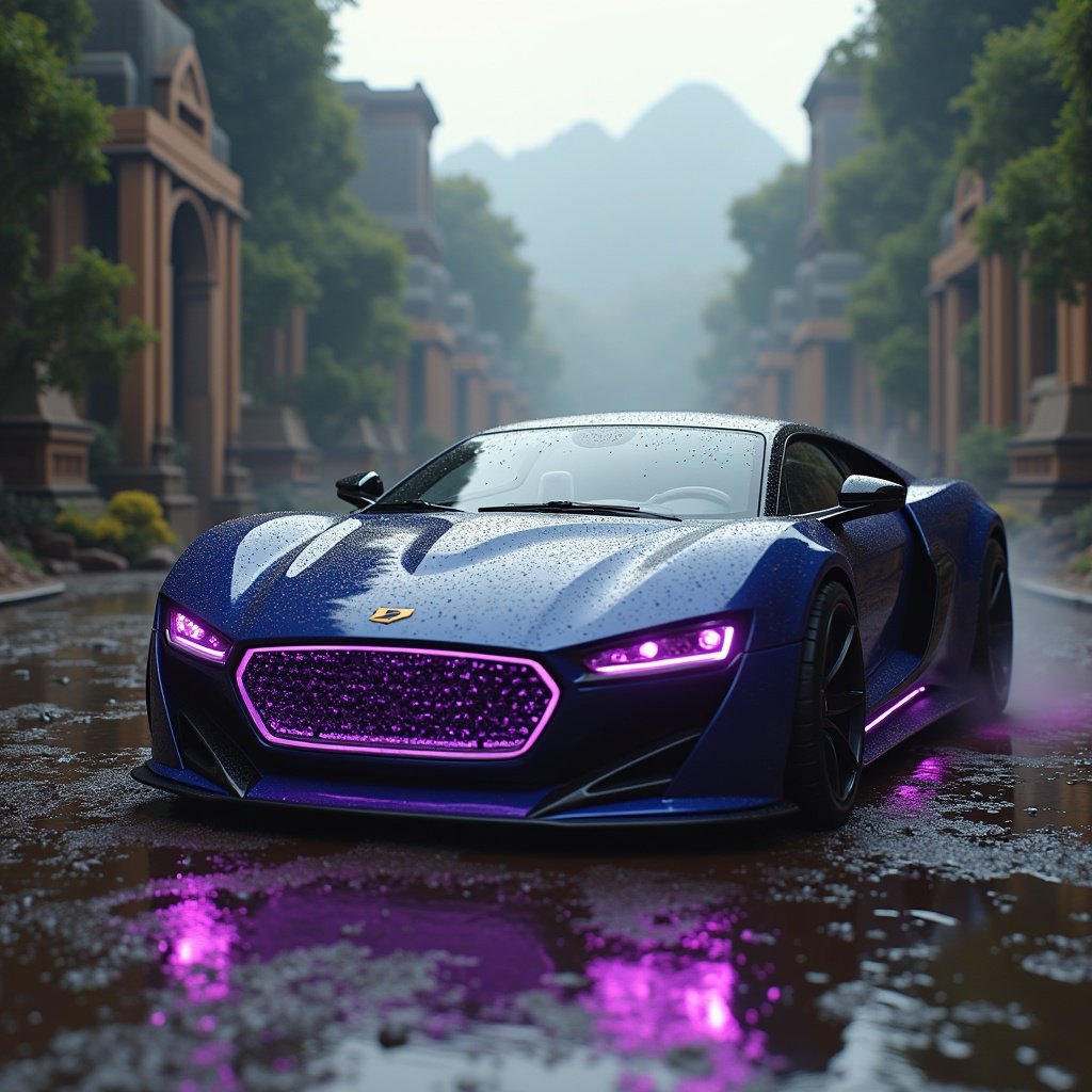 This image showcases a luxury car inspired by a jaguar, featuring sleek armor reminiscent of vibranium and illuminated by a captivating purple glow. The car is poised in a dynamic scene where it battles against the Black Panther. Shuri is actively involved, using her advanced technology to hack into the car’s systems, enhancing the action. The backdrop is a stunning clash of Wakanda's jungle environment, filled with ancient ruins and futuristic technology. The setting creates an intriguing visual narrative of tradition meeting innovation, set in a vibrant and colorful atmosphere.