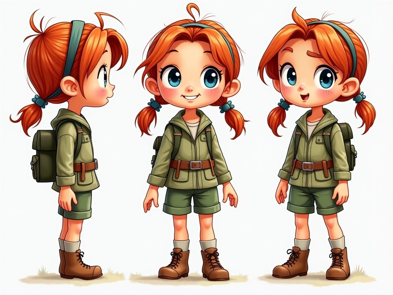 This illustration depicts an adorable cartoon child character dressed in a green explorer outfit complete with shorts, a matching jacket, and ankle boots. The child has vibrant red hair styled in pigtails, and expressive, large blue eyes. They carry a small backpack, suggesting readiness for an adventure. The image is presented in three different views: front, side, and three-quarters gives a comprehensive look at the character's design.