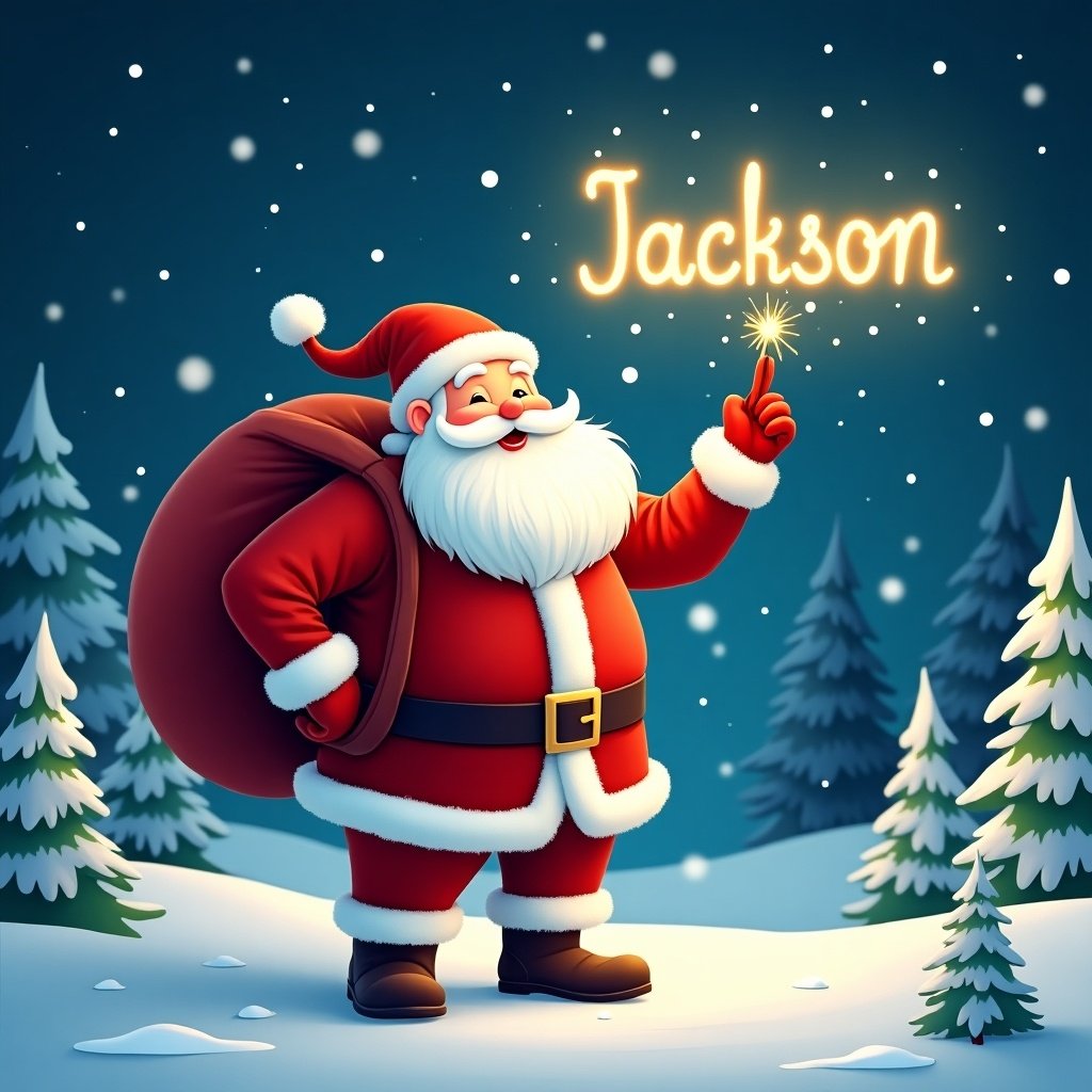 The image features a cheerful Santa Claus standing in a snowy landscape. He has a large red sack slung over his shoulder and is holding a sparkly wand. Santa is dressed in his traditional red and white outfit, complete with a belt and boots. Behind him, the night sky is illuminated with twinkling stars. Pine trees dot the snowy ground, encapsulating a festive winter atmosphere. The name 'Jackson' is prominently written in bright, glowing letters in the sky, as Santa points joyfully, creating a magical ambiance.