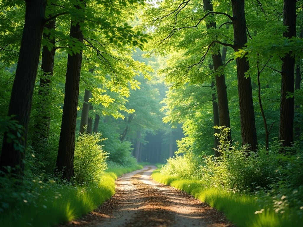 The image features a serene forest trail surrounded by lush greenery. The path is well-defined, winding through tall trees that give a sense of tranquility. Sunlight filters gently through the leaves, creating a dappled effect on the ground. Vivid shades of green dominate the scene, illustrating nature at its finest. The setting invites viewers to imagine a peaceful stroll or journey through this enchanting woodland.