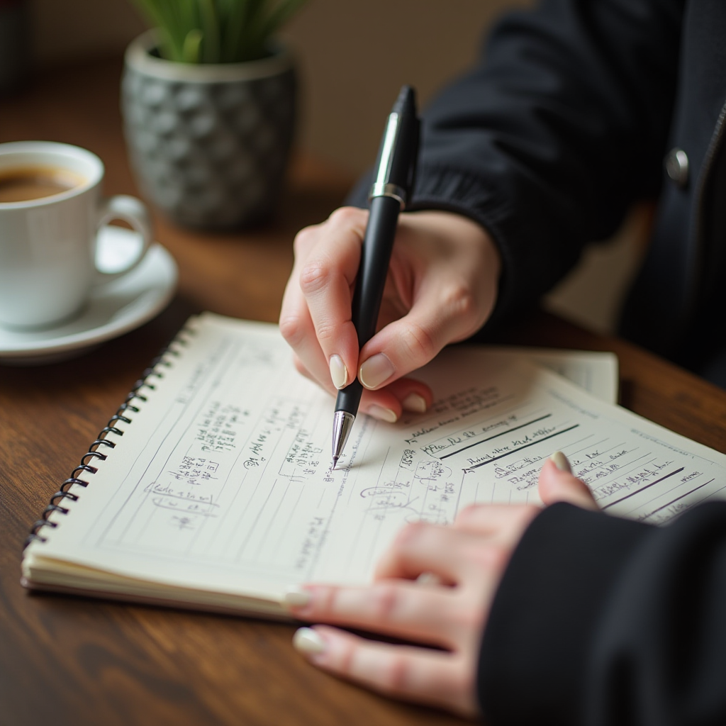 Hands of a person writing in a notebook while having coffee at a cozy café.