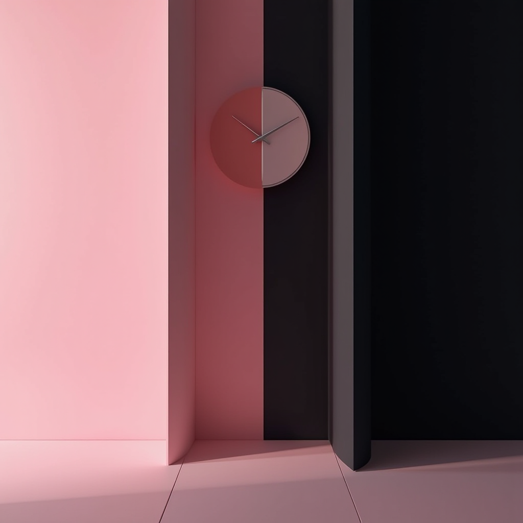 A minimalist clock hangs on a wall divided into pink and black sections.