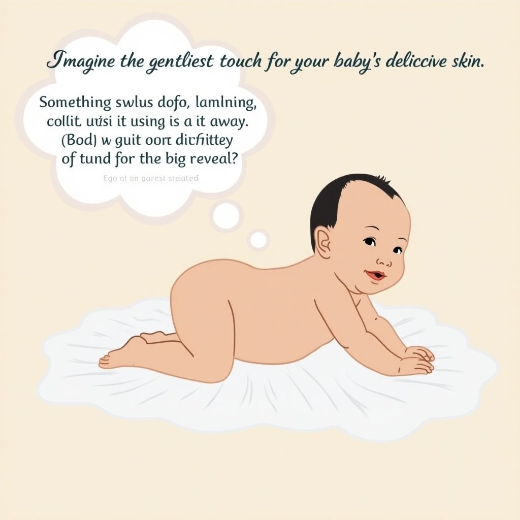 Imagine the gentlest touch for your baby’s delicate skin. This image depicts a cute, chubby baby laying on a soft surface, symbolizing comfort and care. The warm lighting enhances the feeling of safety and coziness. The design invites curiosity, hinting at a special reveal related to baby care. It resonates with new parents looking for the best for their infants.