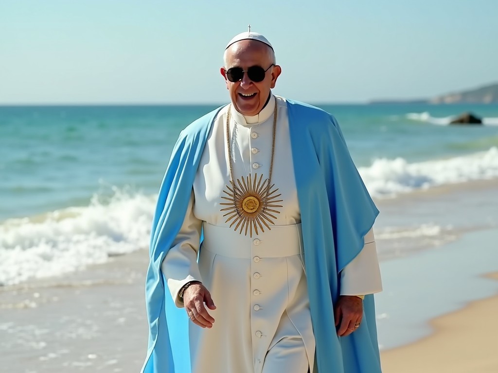 The image depicts a man in religious attire with a radiant, golden sun-like emblem on his chest, walking along a picturesque beach. He is adorned with a blue cape and sunglasses, exuding a sense of joy and relaxation. The ocean waves crashing gently on the shore in the background create a serene and peaceful ambiance.