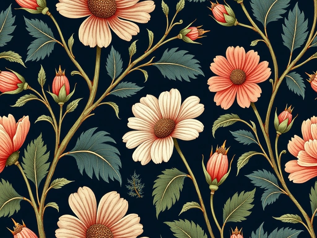 The image depicts a detailed pattern featuring floral and botanical designs on a dark background. This pattern includes a variety of flowers, leaves, and vines, rendered in a lighter color for contrast. The flowers are artistically varied, with some appearing open and others in bud form. The pattern gives a sense of elegance and timeless beauty, often associated with vintage or traditional textiles. The overall impression is one of intricate craftsmanship and aesthetic appeal.