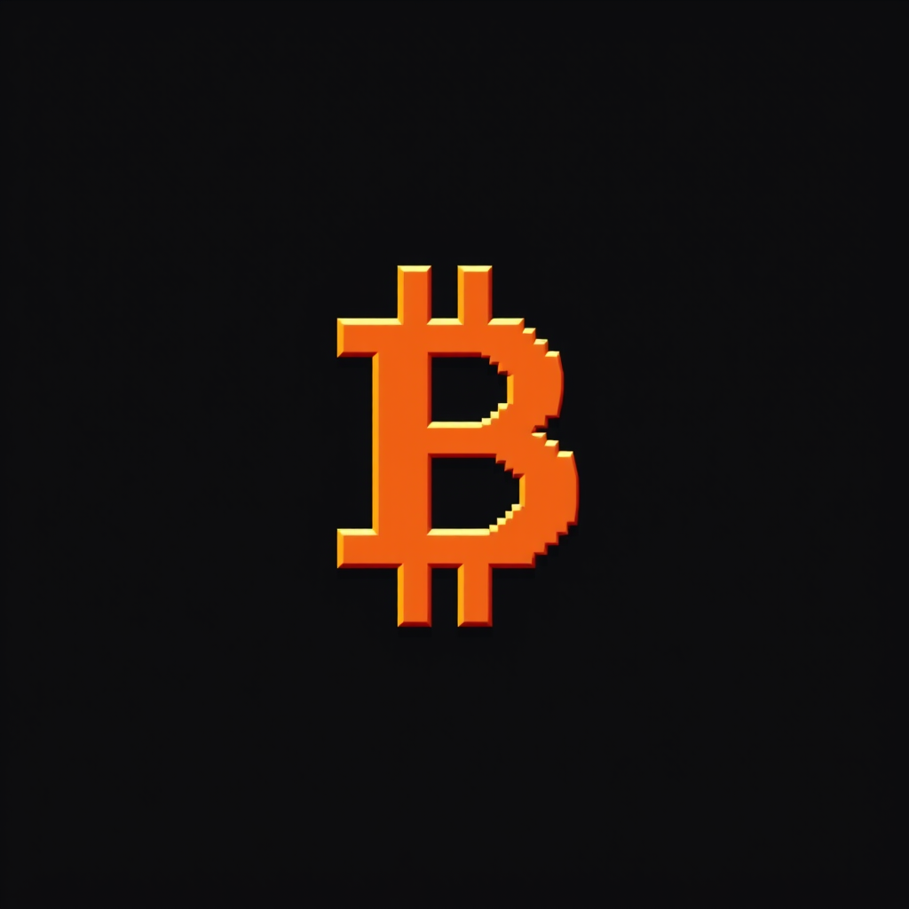 A pixelated orange Bitcoin symbol is centered on a black background, giving a retro digital aesthetic.