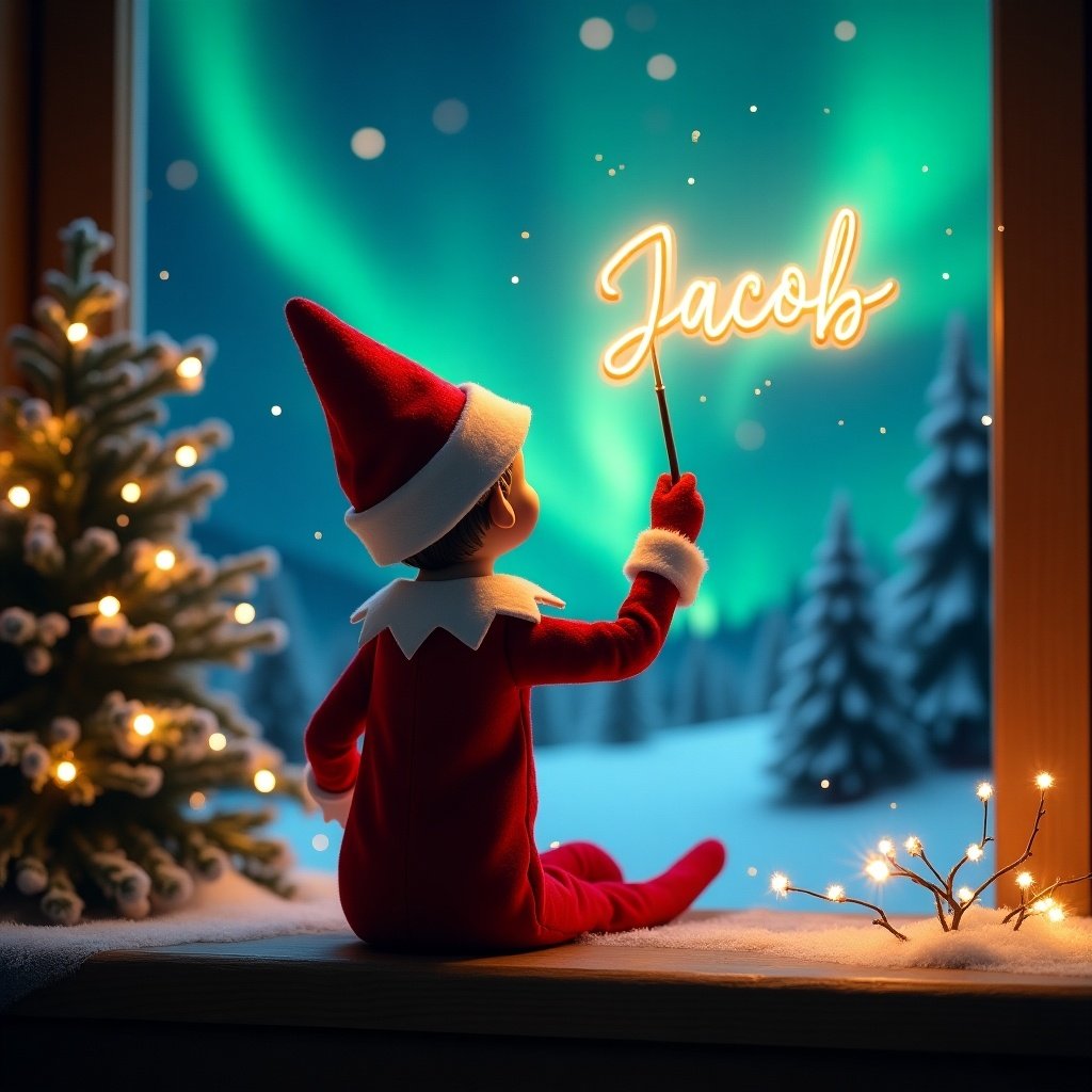 This enchanting Christmas scene showcases an elf on the shelf. The elf, dressed in festive red and white, is turned away from the viewer, gazing up at the night sky. With a magic wand in hand, he writes the name 'Jacob' in glowing letters above him. The backdrop features vibrant northern lights that illuminate the snow-covered landscape. Christmas trees adorned with twinkling lights add to the magical atmosphere. This whimsical portrayal captures the spirit of the holiday season and evokes feelings of wonder.