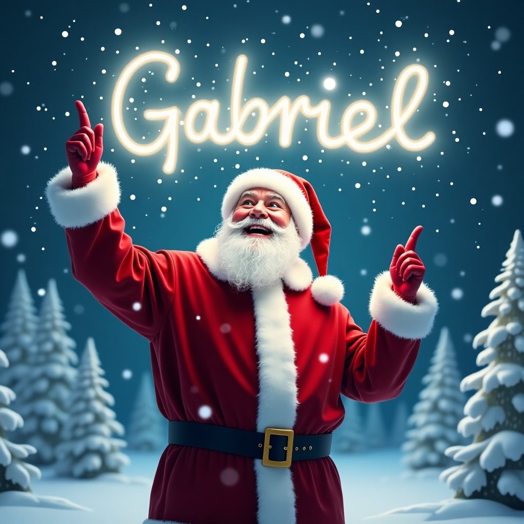 The image depicts a joyful Santa Claus standing in a winter wonderland. He is dressed in his traditional red suit with white trim and a matching hat. Santa is pointing upward as if he is magically writing a name in the sky. Snowflakes gently fall around him, adding to the festive atmosphere. In the sky, the name 'Gabriel' is written in bright, glowing letters. The background features snowy trees, enhancing the Christmas scene.