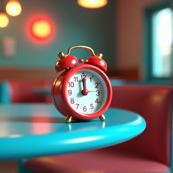 A red vintage alarm clock sits on a bright turquoise table in a retro-styled room.