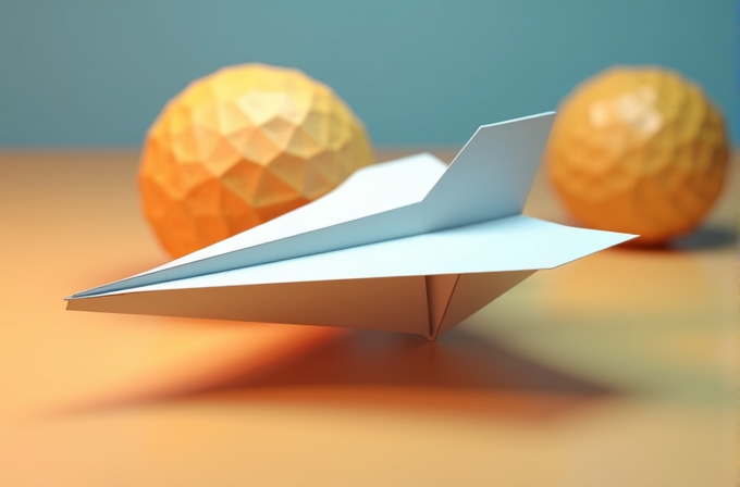 A white origami paper airplane hovers above a smooth, orange surface with two faceted, orange spherical objects in the background.