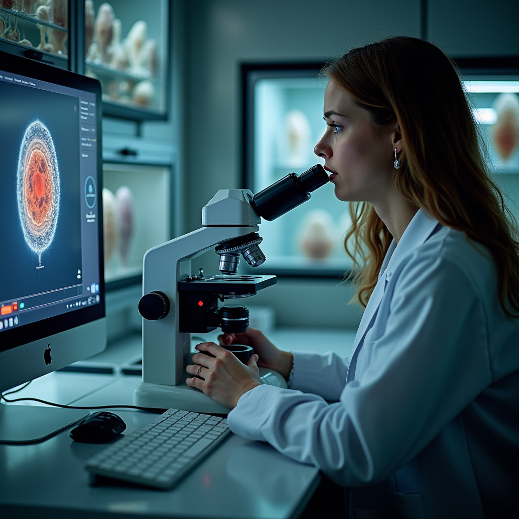 A scientist examines a sample under a microscope alongside a digital screen displaying magnified imagery.