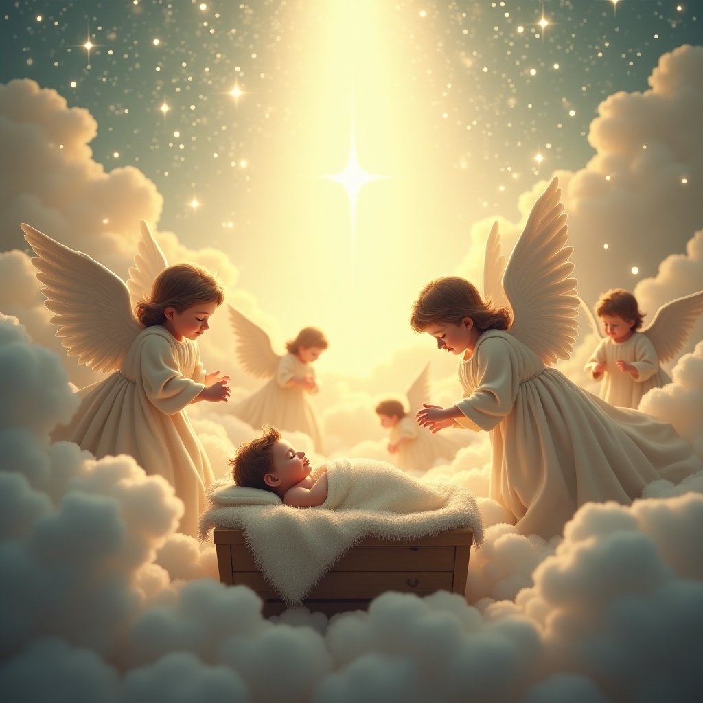 The scene depicts a serene and celestial Christmas atmosphere with a baby boy named James nestled in a crib. Surrounding him are numerous angels, looking down with gentle care and soothing expressions. The background is filled with soft clouds and sparkling stars, enhancing the heavenly feeling. A radiant beam of light descends upon the baby, symbolizing divine grace and love. This artwork captures the essence of Christmas, focusing on new beginnings and spiritual blessings.