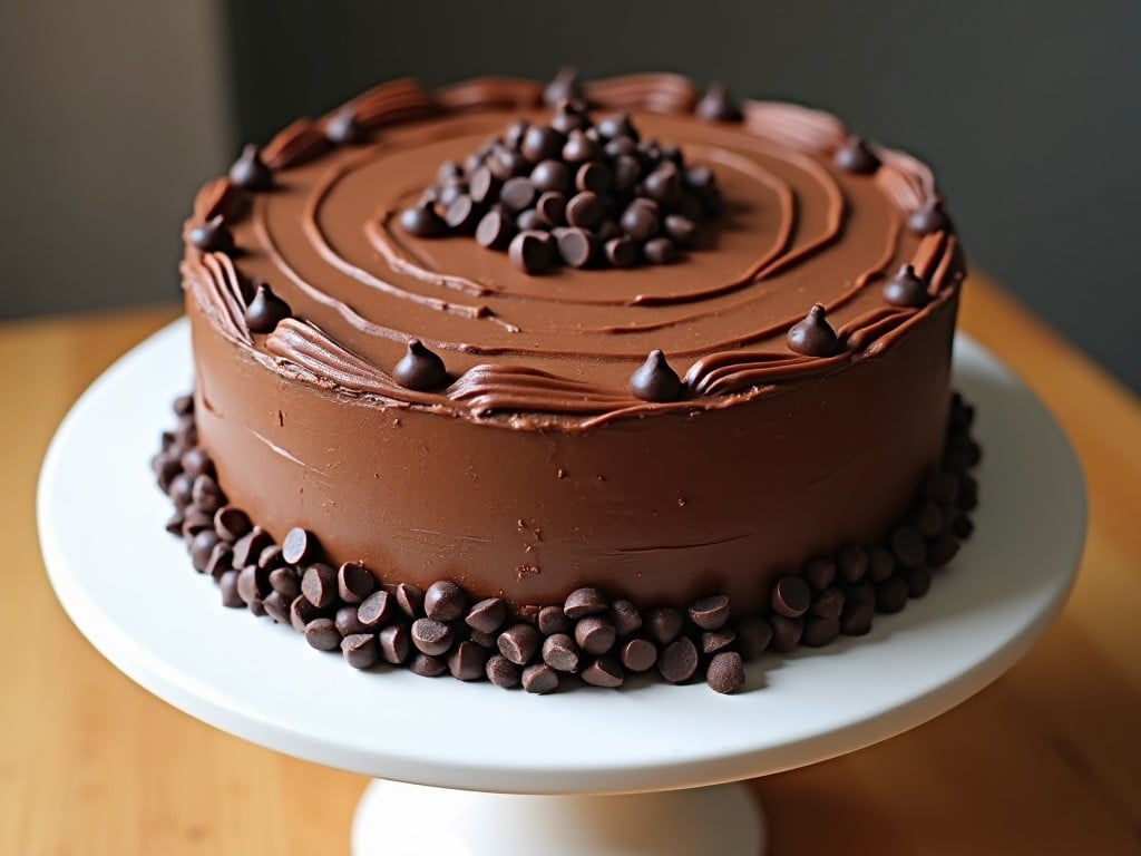 This image showcases a decadent chocolate cake displayed on a white cake stand. The cake is generously iced with smooth chocolate frosting. Chocolate chips are evenly placed around the sides, adding a textured and decorative touch. On top of the cake, there's a small heap of chocolate chips in the center. The cake stand rests on a wooden surface, highlighting the dessert's rich appearance.