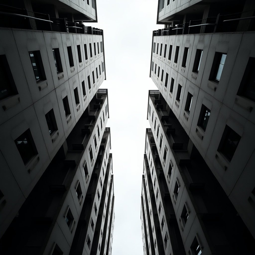 This image features a dramatic upward view of tall residential buildings, emphasizing their symmetrical nature. The photograph captures a narrow gap between the structures, creating a cavernous effect. The colors are primarily gray and white, contributing to a modern urban aesthetic. The overcast sky adds a moody atmosphere, enhancing the stark lines of the architecture. This perspective not only highlights the height of the buildings but also instills a sense of awe in the viewer.