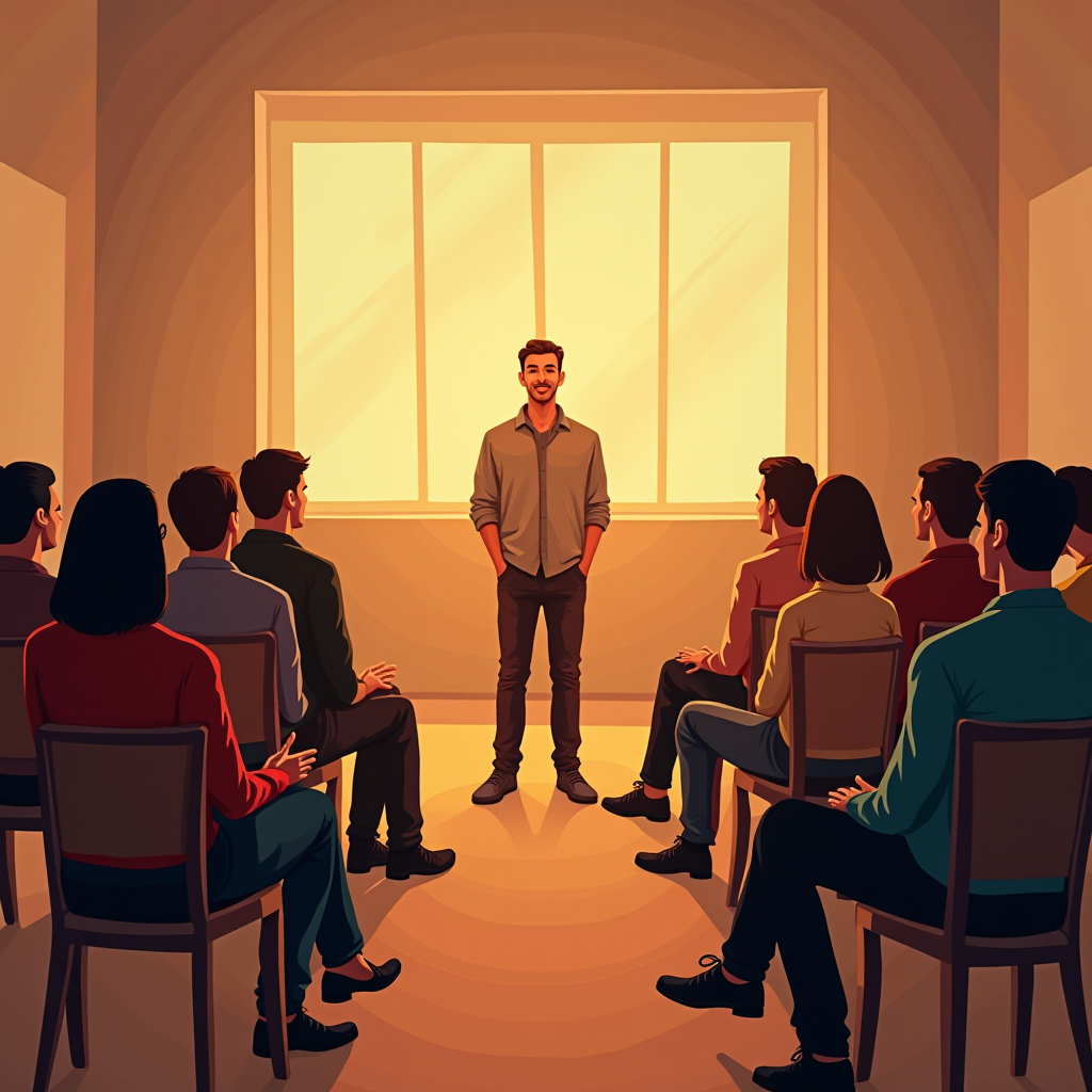 A person stands confidently in front of a group in a warmly lit room.