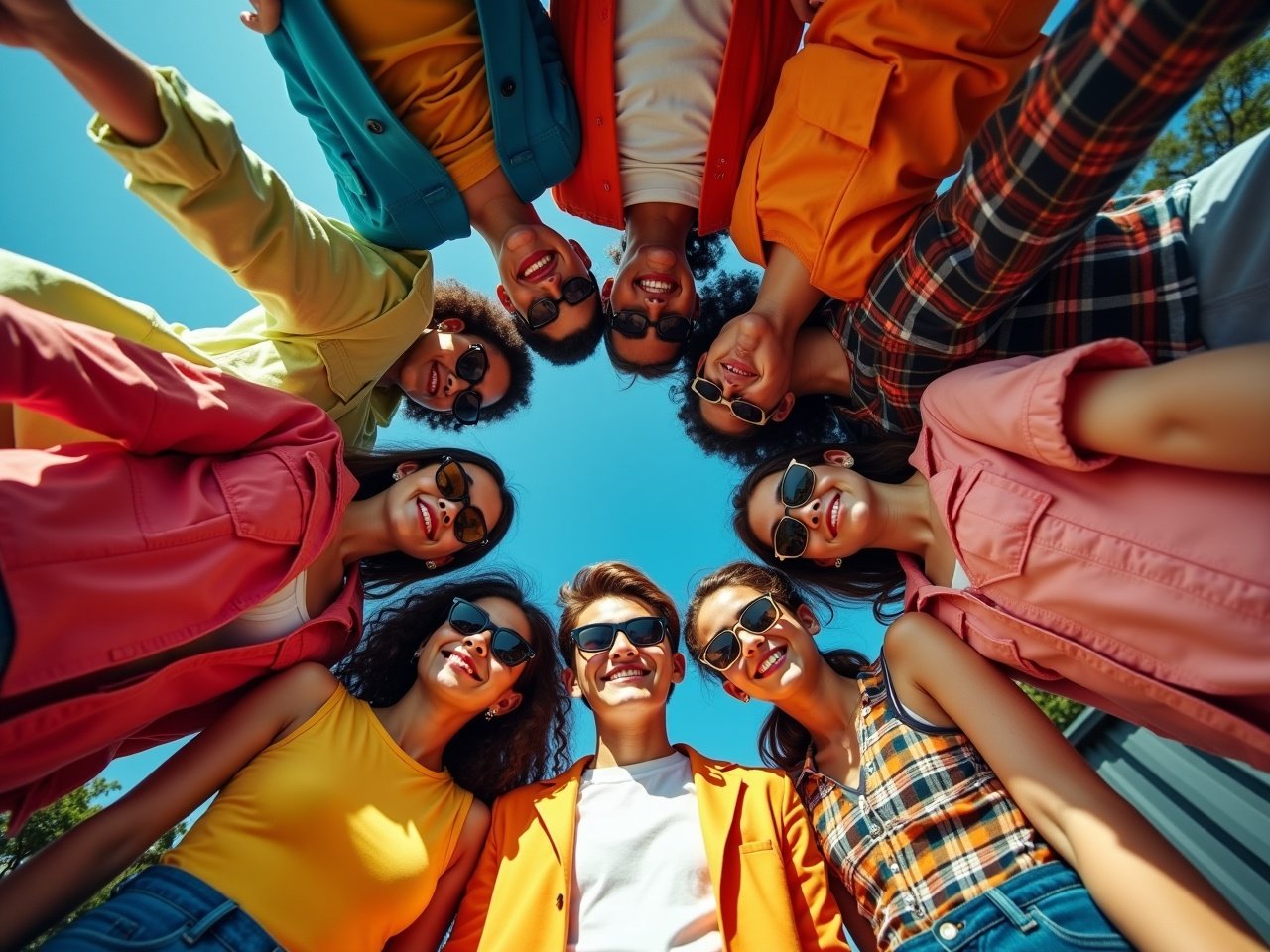 A diverse group of young people is gathered in a circular formation, captured from a low angle that emphasizes their energetic vibe. They are all wearing bold, colorful clothing, showcasing individual styles that reflect contemporary fashion trends. The setting appears to be outdoors under a clear blue sky, adding to the vibrant atmosphere. Many members of the group are sporting sunglasses, with playful expressions and hand gestures that convey a sense of camaraderie. The background includes hints of urban elements with containers, suggesting a lively urban environment.