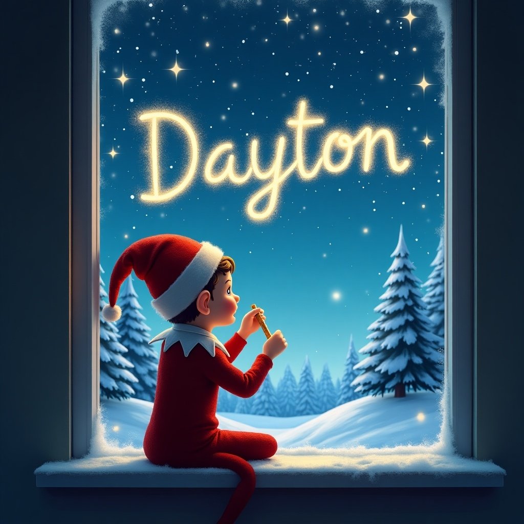 A cute little elf is sitting on the edge of a window, joyfully writing the name 'Dayton' in the beautiful starry sky. Outside, the landscape is covered in soft white snow, with evergreen trees dotting the horizon. The elf, dressed in a vibrant red outfit, looks delighted as he admires his handiwork. The cozy room provides a warm atmosphere, contrasting with the chilly, magical view outside. This enchanting scene captures the spirit of Christmas and the whimsy of childhood imagination.