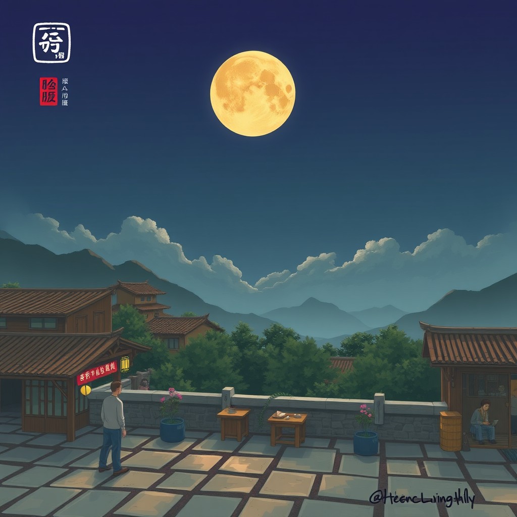 A serene night scene with a full moon illuminating a traditional building and a mountainous landscape.