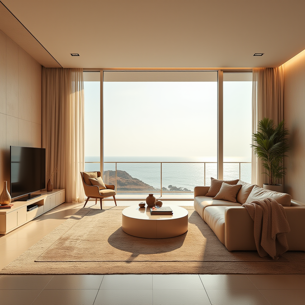 A modern living room with a large window overlooking a serene ocean view, filled with elegant furniture and warm lighting.