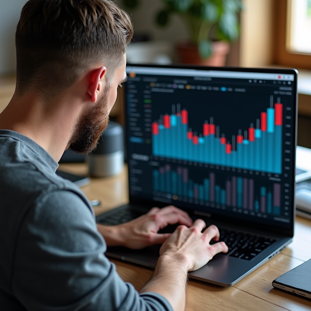 A person analyzing financial data on a laptop with charts and graphs displayed on the screen.