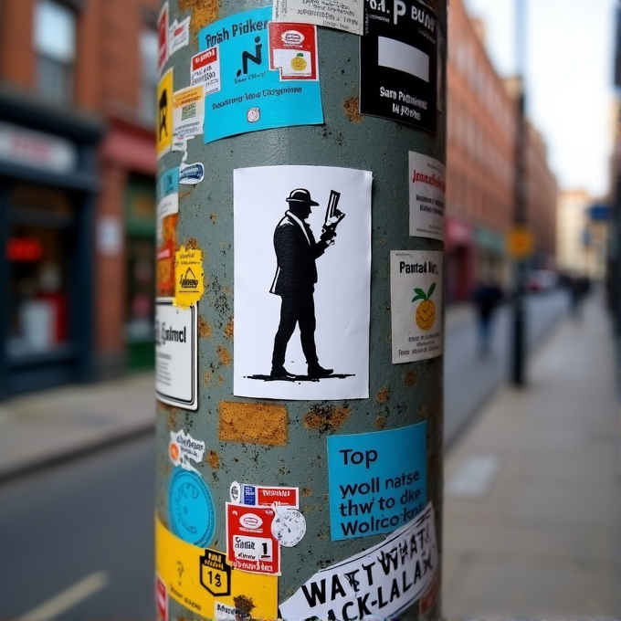 A street pole covered with various colorful stickers, featuring a black and white silhouette image of a man in a hat.