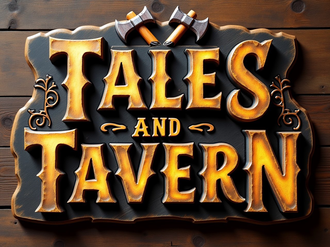 This image showcases a rustic and ornate sign featuring the words 'Tales & Tavern'. The lettering is presented in Serif bold style, with a distressed wooden appearance. Gold outlines add a vintage charm to the letters. At the top, there are two crossed axes, reinforcing the traditional tavern theme. The whole sign sits against a rich wood textured background, enhancing its rustic appeal.