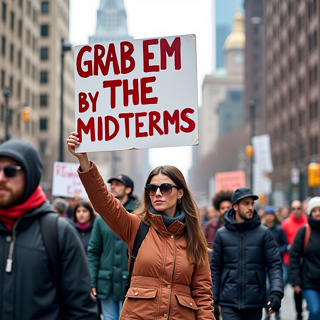 A woman at a protest holding a sign that says "Grab em by the midterms."