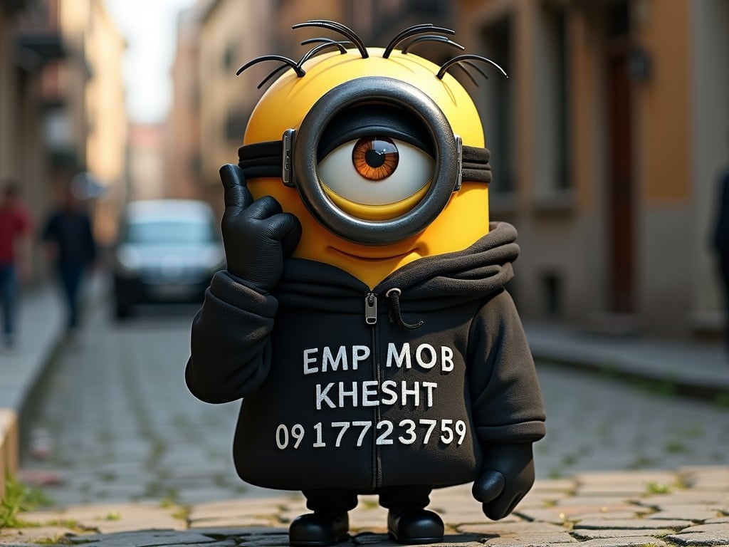 A playful image of a single-eyed yellow minion dressed in a dark jumpsuit, standing on wooden flooring. The minion is holding a black phone to its ear, suggesting a comedic scenario. Its mischievous expression and unique eye gear are highlighted in the warm lighting, creating a humorous and whimsical atmosphere.