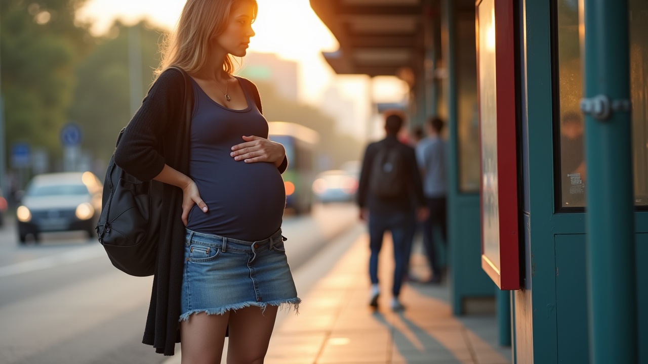 A pregnant woman standing at a bus stop during sunset.