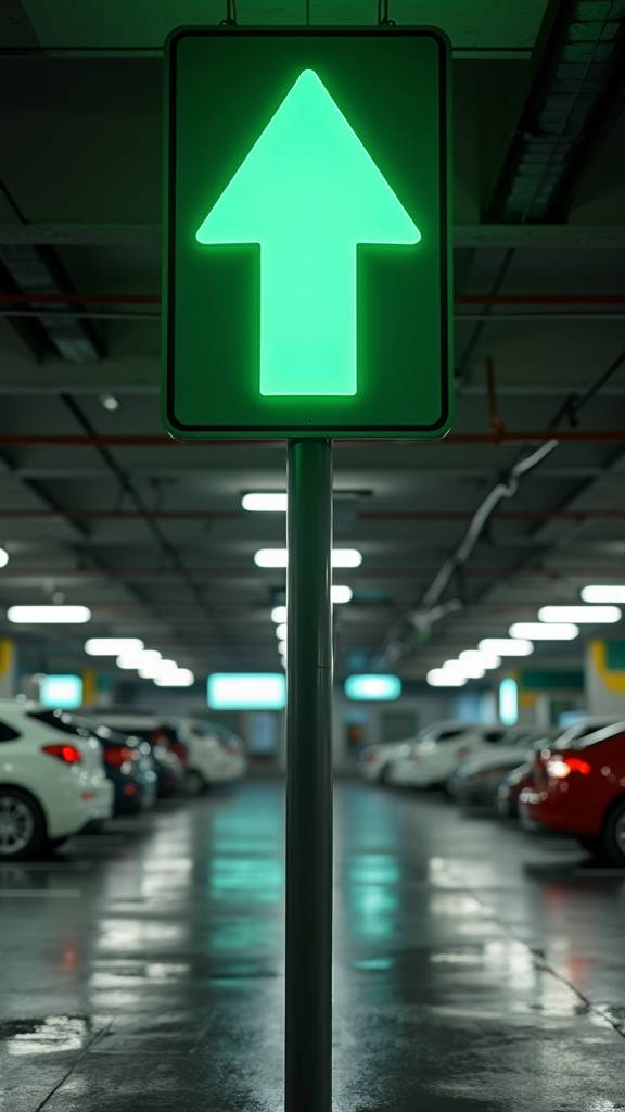 A glowing green arrow sign points upwards in a dimly lit underground parking garage with parked cars on both sides.