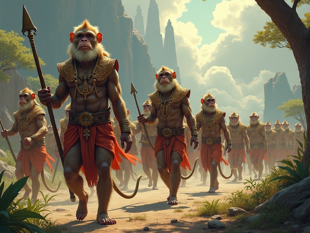 The image depicts a group of muscular monkey warriors from the Ramayana era, marching together with spears in hand. They don ornate golden jewelry and wear traditional loincloths, showcasing their muscular physique. In the background, majestic mountains rise against the sky, adding a sense of adventure. The scene is alive with greenery and the vibrant colors of nature surrounding them. This artwork reflects a rich blend of mythology and imagination, capturing the spirit of legendary battles from ancient texts.