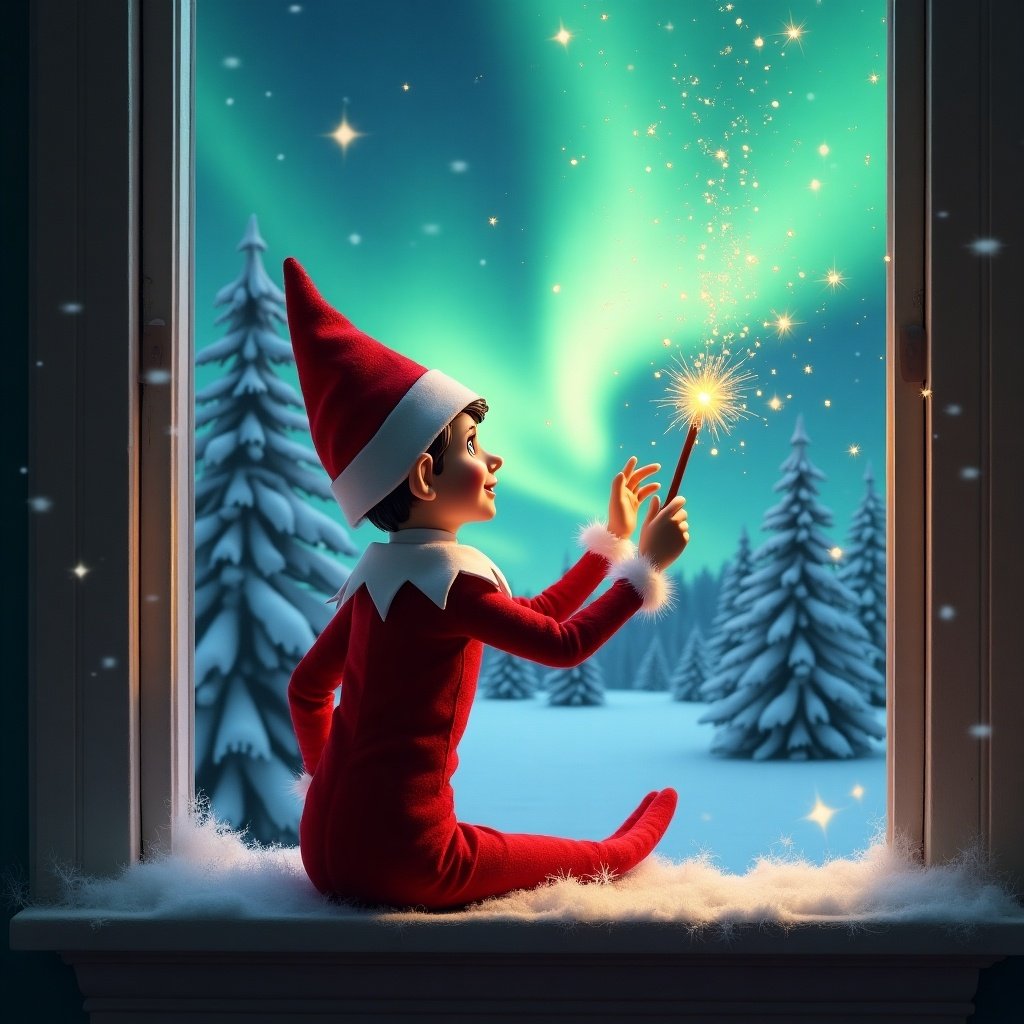 The image features a charming elf on the shelf sitting on a window ledge, with his back turned to the viewer. He is brandishing a magical wand that sends twinkling sparks into the air while gazing up at a breathtaking display of northern lights. The setting exudes a winter wonderland atmosphere, complete with snow-covered pine trees, enhancing the festive holiday ambiance. Dressed in a vibrant red outfit with white trim, this elf embodies the spirit of Christmas. The scene is artistically lit by the dazzling colors of the aurora borealis, adding to the enchanting feel of the moment. Additionally, the phrases 'See you soon Freddie and Redgie' are cleverly written on the window, contributing to the whimsical theme.