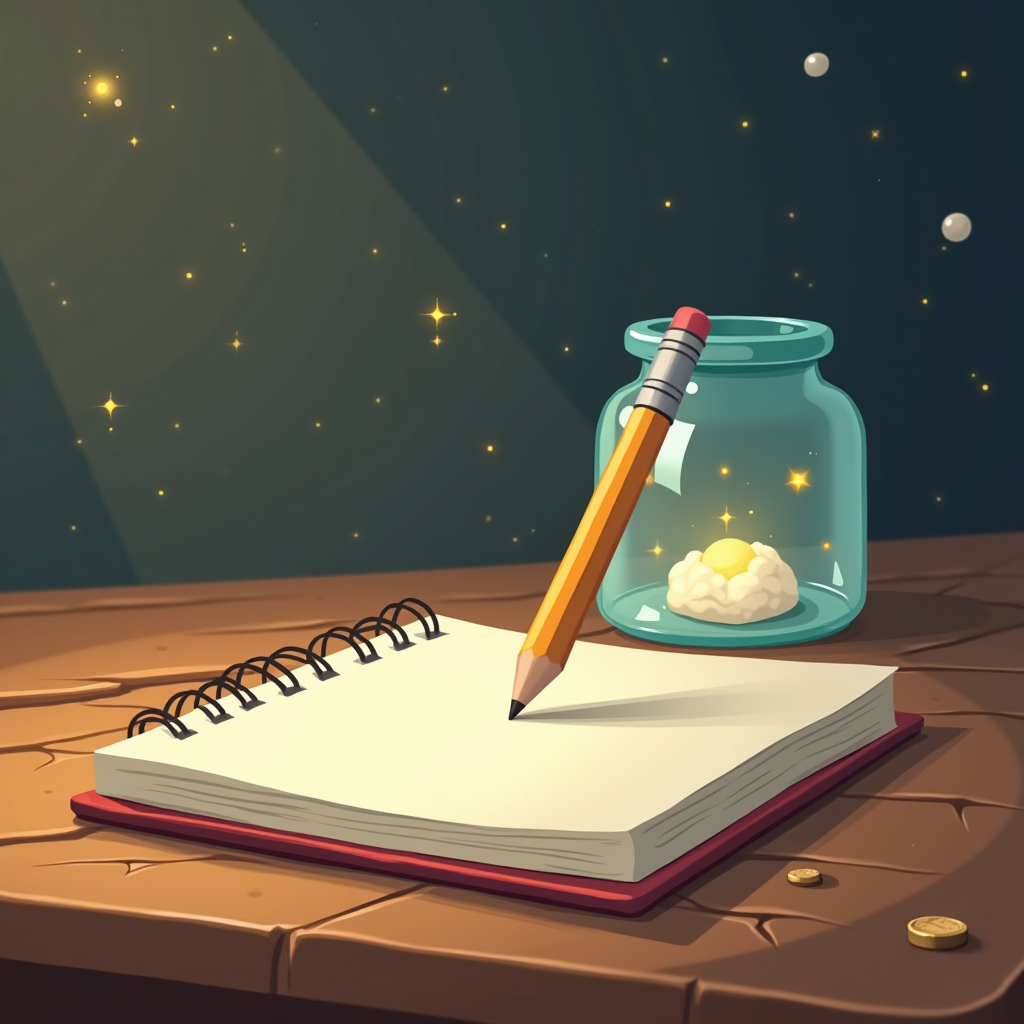 A tabletop scene with a notebook, pencil, and a jar containing a tiny cloud and starry light.