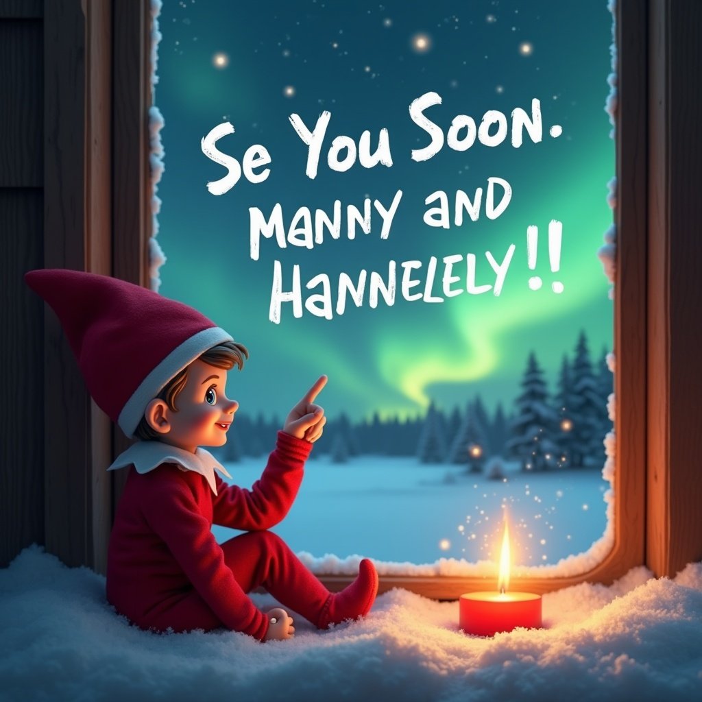 The image features a young elf dressed in a red outfit and hat, sitting by a snowy window. Outside, the enchanting northern lights illuminate the night sky. The elf is playfully pointing as if writing 'See You Soon Manny and Hanley' in the sky above. Inside the cozy room, warm candlelight flickers. Surrounding the window, snow softly blankets the scene, enhancing the magical winter atmosphere.