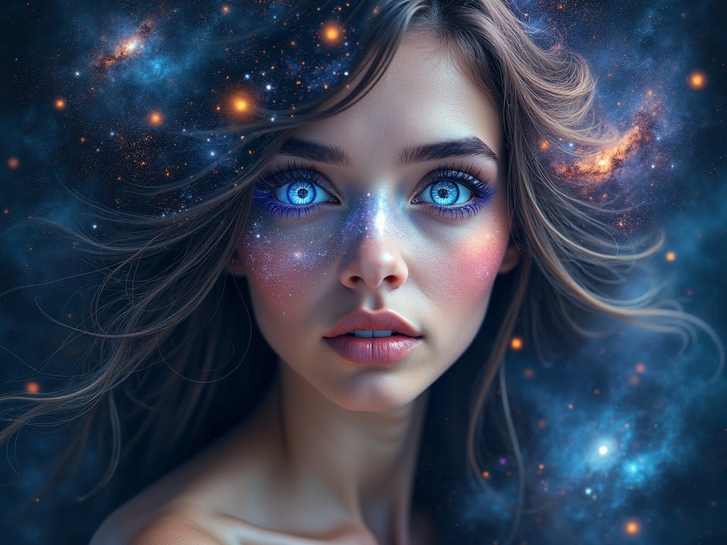 This digital artwork features a striking portrayal of a woman with luminous blue eyes, surrounded by a swirling cosmic background. Her face is sprinkled with star-like glitters, merging her with the universe around her. The use of vibrant blues and oranges adds a surreal, otherworldly flavor, creating a sense of mystery and awe.