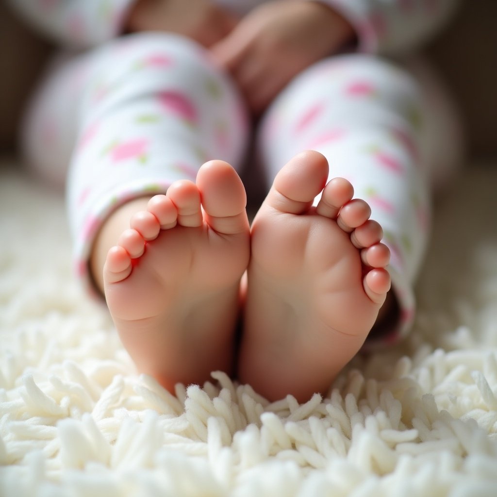 This image focuses on the feet of a very young girl, adorned with light nail polish. She is sitting on a plush, light-colored carpet. The setting is illuminated by soft, natural light that highlights the details of her feet, including a noticeable bunion on one foot. The girl is dressed in floral-patterned pajamas, which add a sense of charm to the composition. The close-up perspective captures the delicate features of her feet, evoking innocence and the importance of children's foot health. It emphasizes the elegance of her naturally manicured toenails while creating a caring atmosphere.