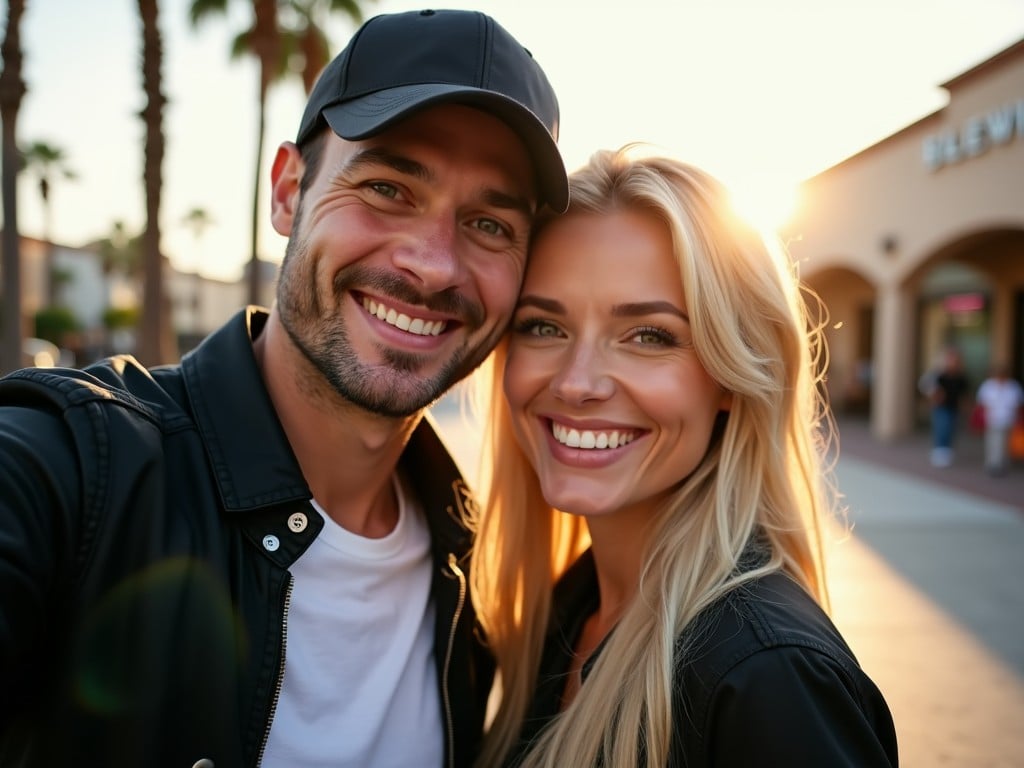 The image features a couple posing together for a selfie in a sunny outdoor setting. They are both wearing stylish black jackets, with the man in a white t-shirt underneath and a black cap, while the woman has long, straight blonde hair and appears to be smiling brightly. The background includes palm trees and a hint of a shopping area with some stores visible. The lighting is warm and golden, suggesting it might be sunset or early morning. This scene captures a casual and happy moment between the two individuals.