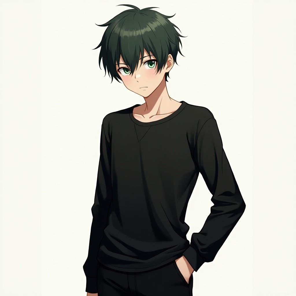 The image features an anime boy with small green eyes and a stylish fade haircut. He stands at a height of 190 cm and appears to be around 15 years old. His outfit consists of a full-arm black shirt and matching black pants, creating a sleek and modern look. The character has a thoughtful expression, adding depth to his portrayal. The background is a light color, which contrasts with his dark attire, enhancing the focus on him.