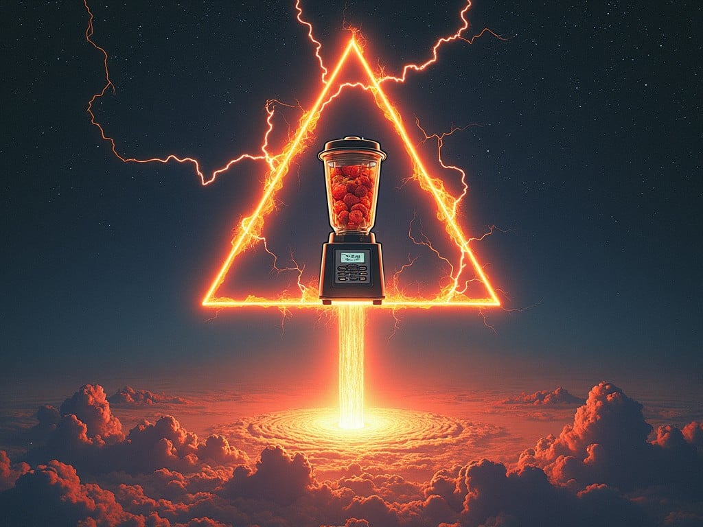 In this surreal space-themed rock album cover artwork, a fruit blender stands within a glowing triangle, struck by lightning bolts. It hovers above a majestic cosmic scene reminiscent of the pillars of creation captured by the James Webb Space Telescope. The vibrant colors and dramatic lighting create a sense of wonder and trepidation. The artwork hints at a narrative of exploration and confrontation with the unknown, blending familiar kitchen imagery with cosmic elements. It invites viewers to ponder the relationship between the mundane and the extraordinary in a visually striking manner.