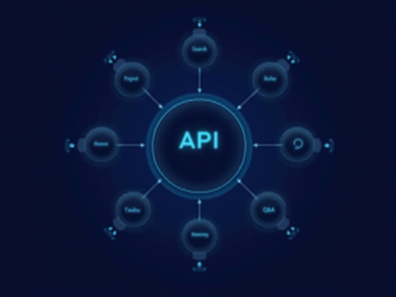 This digital illustration showcases a central circle labeled 'API' against a dark blue background. Six arms extend from the central circle, each leading to smaller circles with specific labels: 'Search', 'Projects', 'Roles', 'Uploads', 'Memberships', and 'Q&A'. The design features high-tech elements, with glowing lines connecting the circles, creating a smooth and modern aesthetic. This image is suitable for tech presentations or educational content related to APIs. The overall appearance is sleek and futuristic, appealing to a technology-savvy audience.