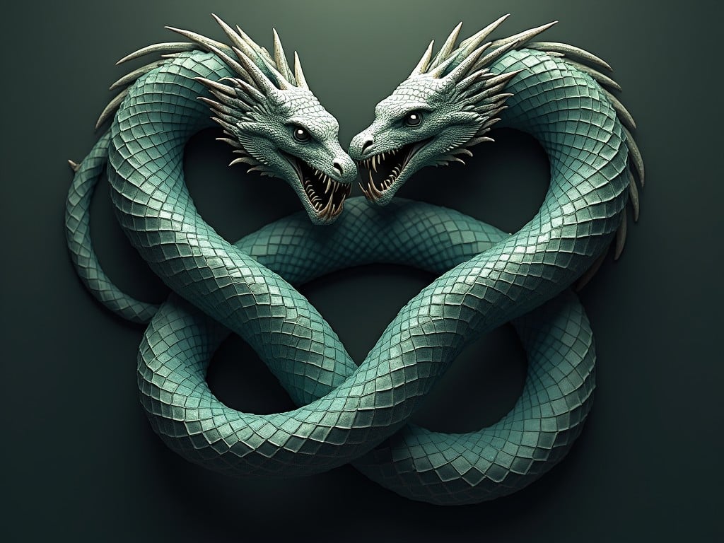 This image depicts a mesmerizing two-headed dragon with a serpentine body. The dragon features intricate scales and detailed heads, both showing fierce expressions. It is coiled in an infinity shape, symbolizing eternity and duality. The color palette primarily consists of teal and dark green tones, set against a contrasting backdrop. The overall aesthetic captures the essence of mythology and fantasy in a striking visual presentation.