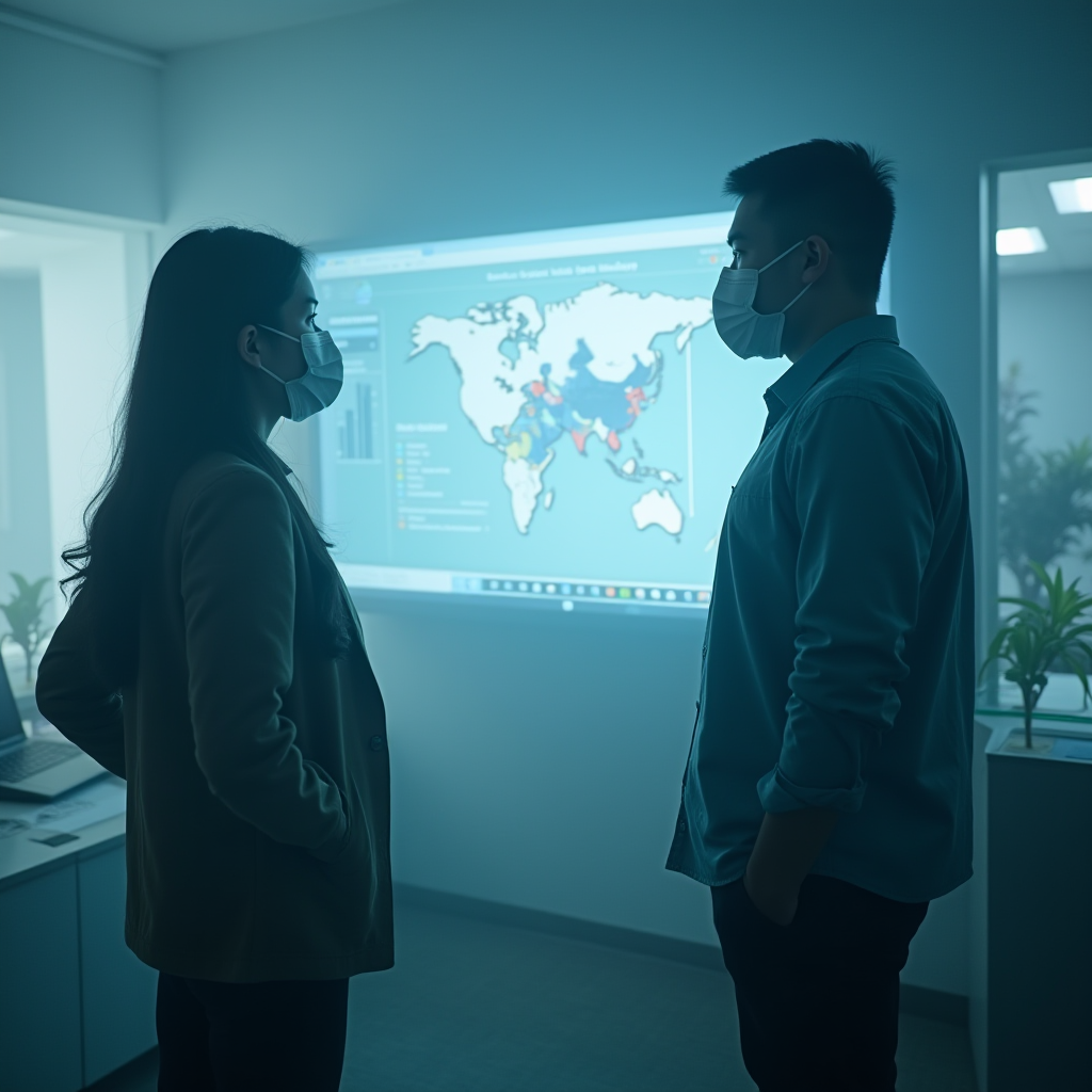 Two people in masks discuss in a dimly lit room with a world map projected on the wall.