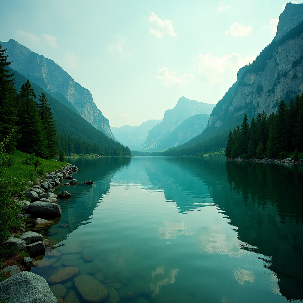 A tranquil mountain lake with lush forested slopes and clear reflections of the sky and mountains.