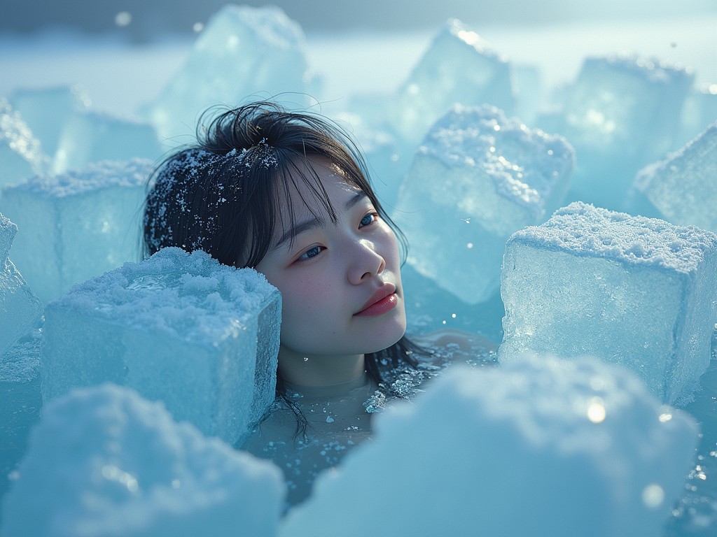 A young woman is immersed in a surreal landscape of crystalline ice blocks. Her peaceful expression contrasts beautifully with the frosty environment, accentuating her serene presence amidst the cold textures. The soft blue hue of the ice and the gentle sunlight illuminate the scene, creating a captivating visual harmony.