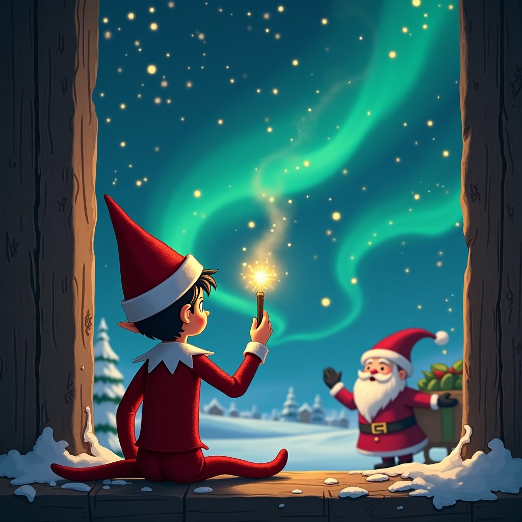 In a magical Christmas scene, an elf on the shelf sits with his back facing the viewer, gazing up at the sky. The elf holds a wand, using it to write the name 'Layton' in sparkling lights above him. The background is filled with mesmerizing northern lights, casting a colorful glow across a snowy landscape. In the distance, Santa Claus is cheerfully waving, surrounded by gifts. The entire image radiates a warm and festive atmosphere, perfect for the holiday season.