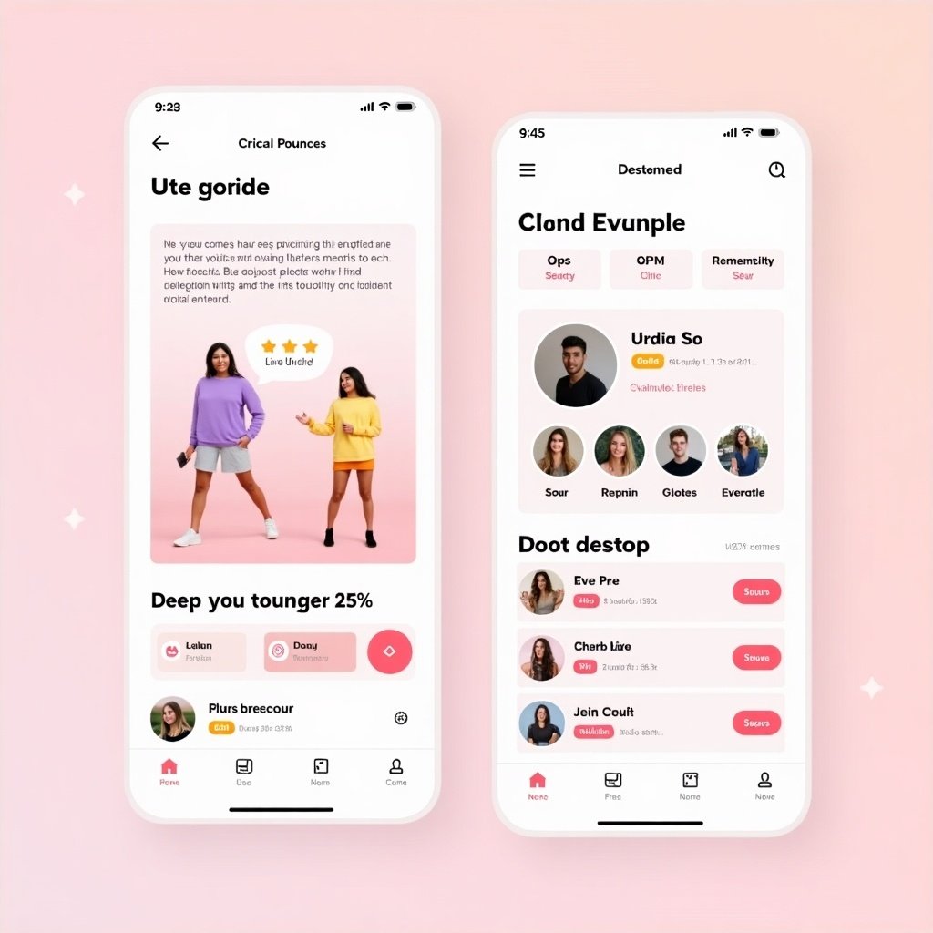 The image showcases a user profile card format for the Under 25 App that emphasizes vibrant design elements and a user-friendly interface. It features essential user information including name, age, and bio, accompanied by engaging visuals of user avatars. The backdrop is a soft pink gradient that enhances the modern appeal. This design is tailored for mobile use, appealing to a younger audience eager for interactive social experiences. The clean and minimalistic layout allows for easy navigation, promoting engagement and community building among users.