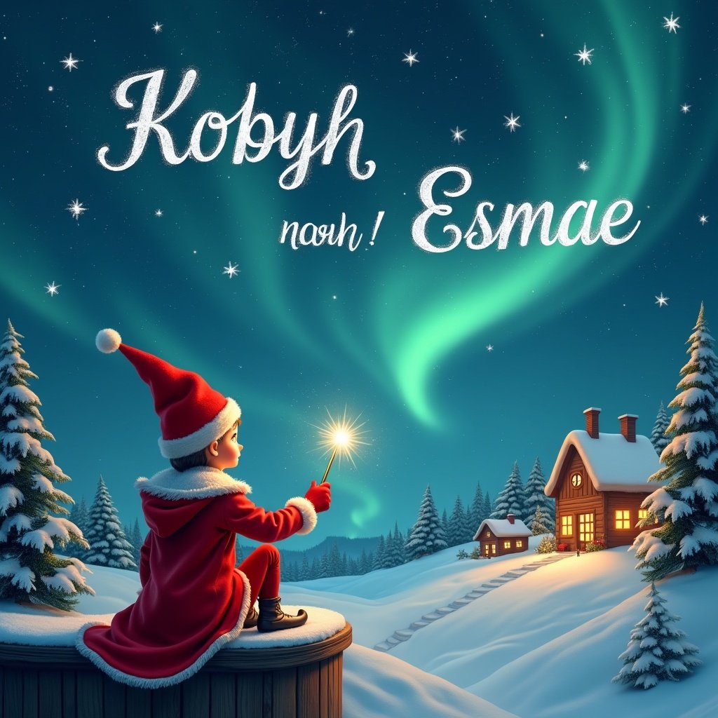 A Christmas scene where a Father Christmas character sits on a wooden ledge, turned away from the camera, looking up at a magical sky. Dressed in traditional red attire with a pointed hat, he holds a sparkling wand. The wand emits light as he elegantly writes the names 'Coby', 'Noah', and 'Esmae' in the starry sky. The background features a beautiful snowy landscape with charming houses and evergreen trees, all illuminated by the shimmering Northern Lights. This whimsical image embodies the enchantment of childhood during the festive season. It is a perfect representation of Christmas magic.