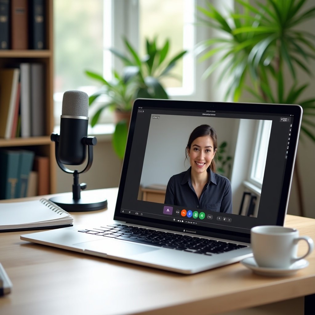 The image depicts a cozy home office setup with a laptop on a wooden desk. On the laptop screen, a smiling woman is participating in a video call. A microphone is positioned nearby, indicating that this may be a podcast or webinar setup. Natural light filters through the window, creating a warm and inviting atmosphere. A coffee cup sits on the desk, adding to the productivity vibe of the workspace. Green plants in the background enhance the calming aesthetic of the scene. This setup is perfect for discussions, online classes, or remote interviews.