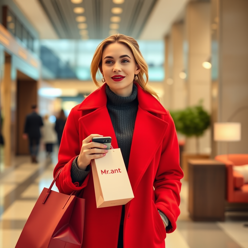 A woman in a red coat holding shopping bags in a mall.