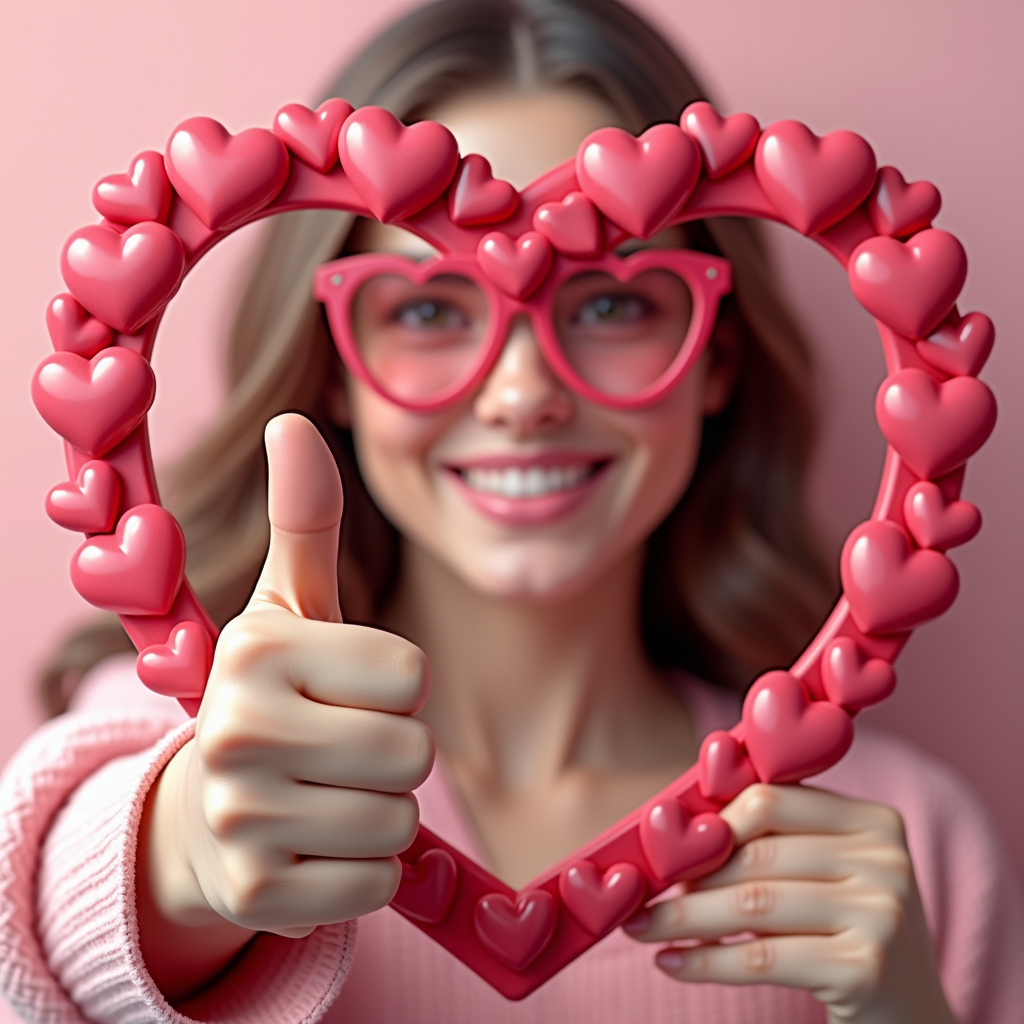 A smiling woman holding a heart-shaped frame made of smaller hearts while giving a thumbs-up.